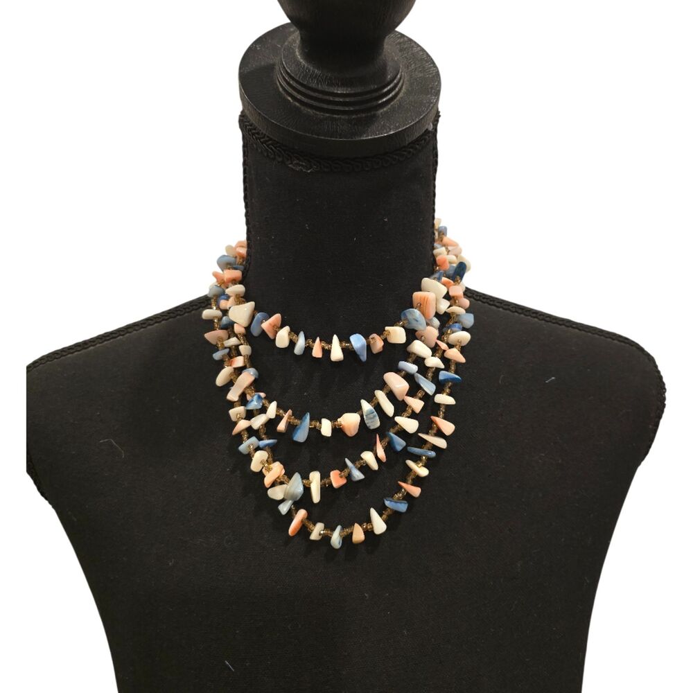 4 Strand Mother of Pearl Necklace White Pink Blue Beaded Earth Stone Boho VTG